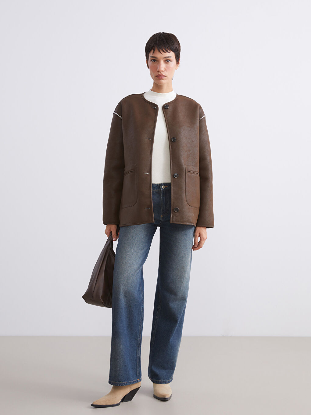 Bej Bisiklet Yaka Çift Taraflı Kadın Mont-1