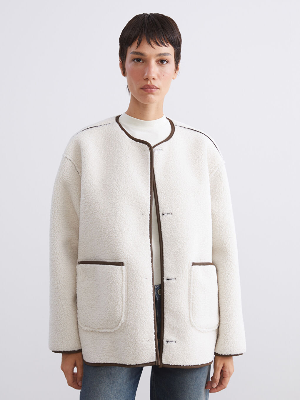 Bej Bisiklet Yaka Çift Taraflı Kadın Mont-2