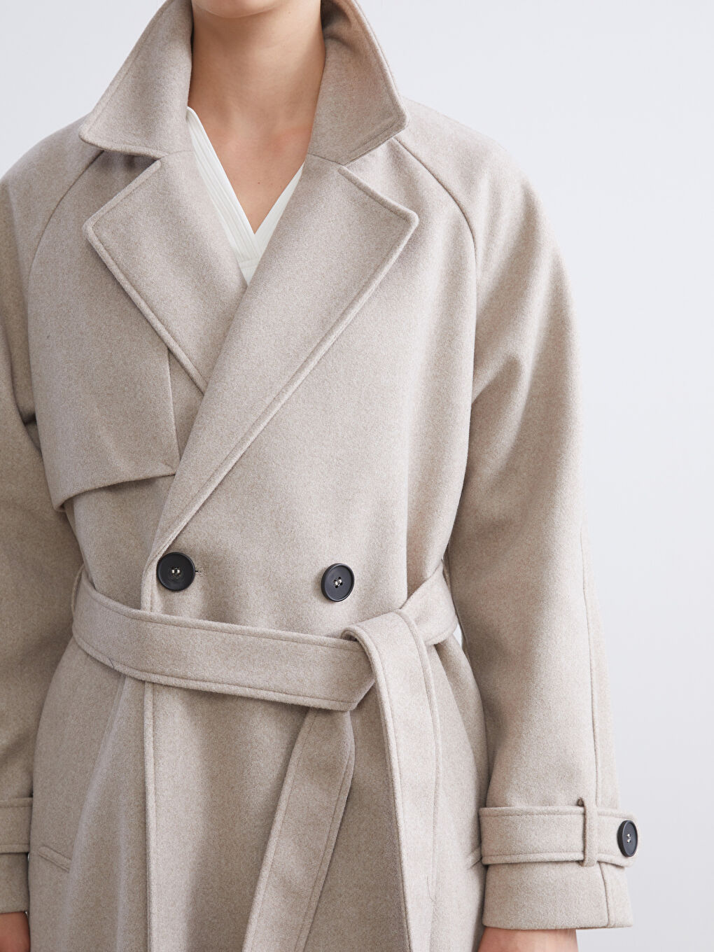 Bej Ceket Yaka Oversize Kadın Kaşe Kaban-2