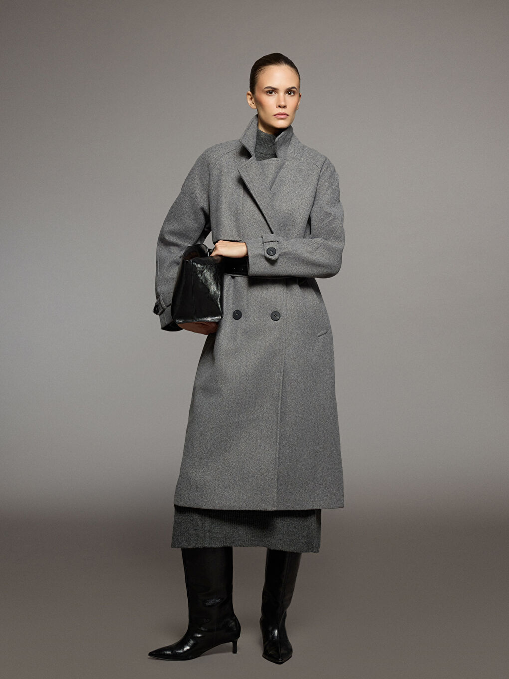 Gri Ceket Yaka Oversize Kadın Kaşe Kaban