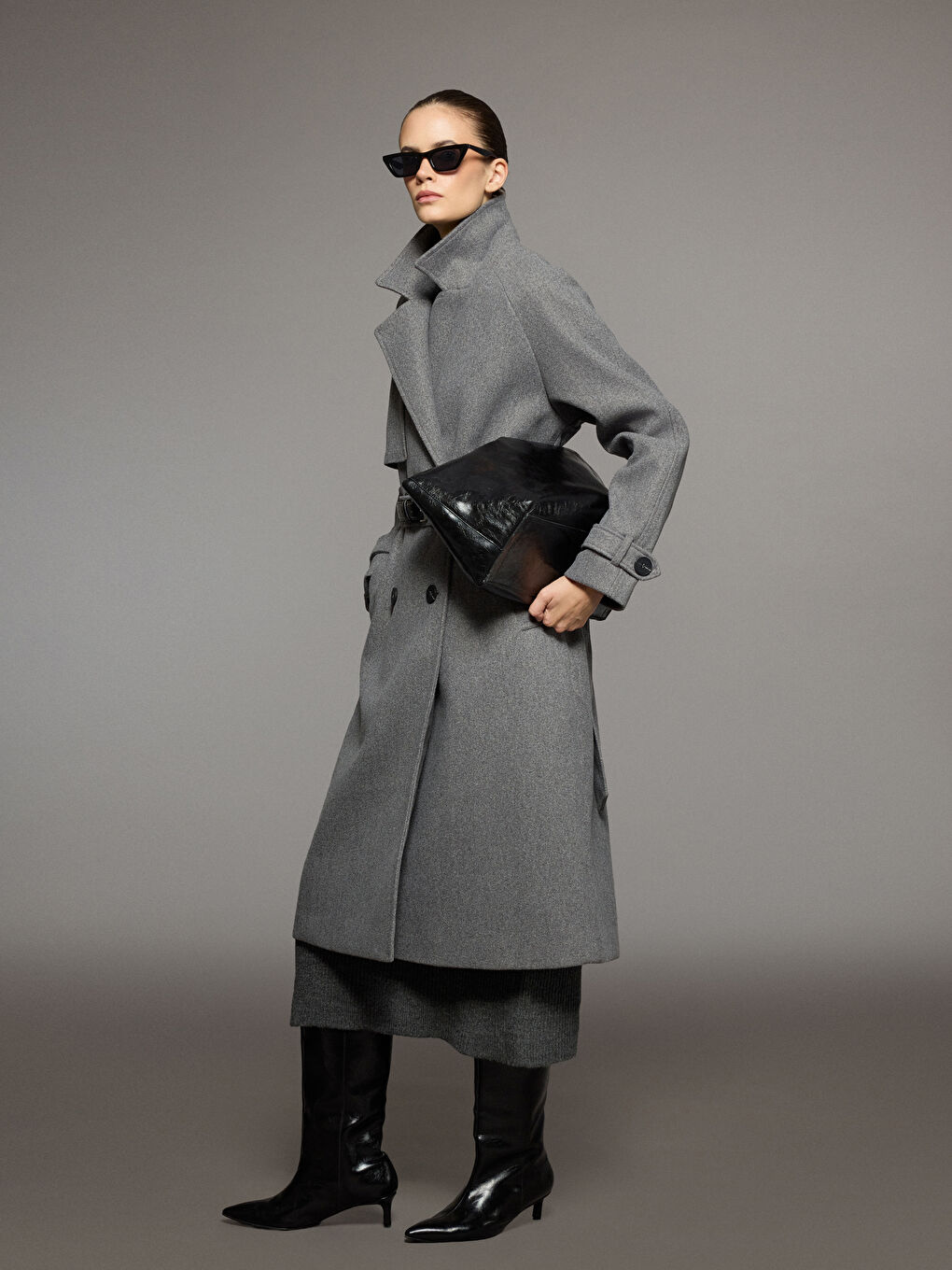 Gri Ceket Yaka Oversize Kadın Kaşe Kaban-1