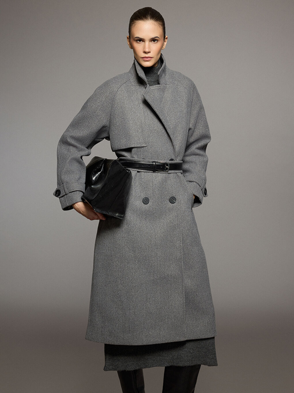 Gri Ceket Yaka Oversize Kadın Kaşe Kaban-2