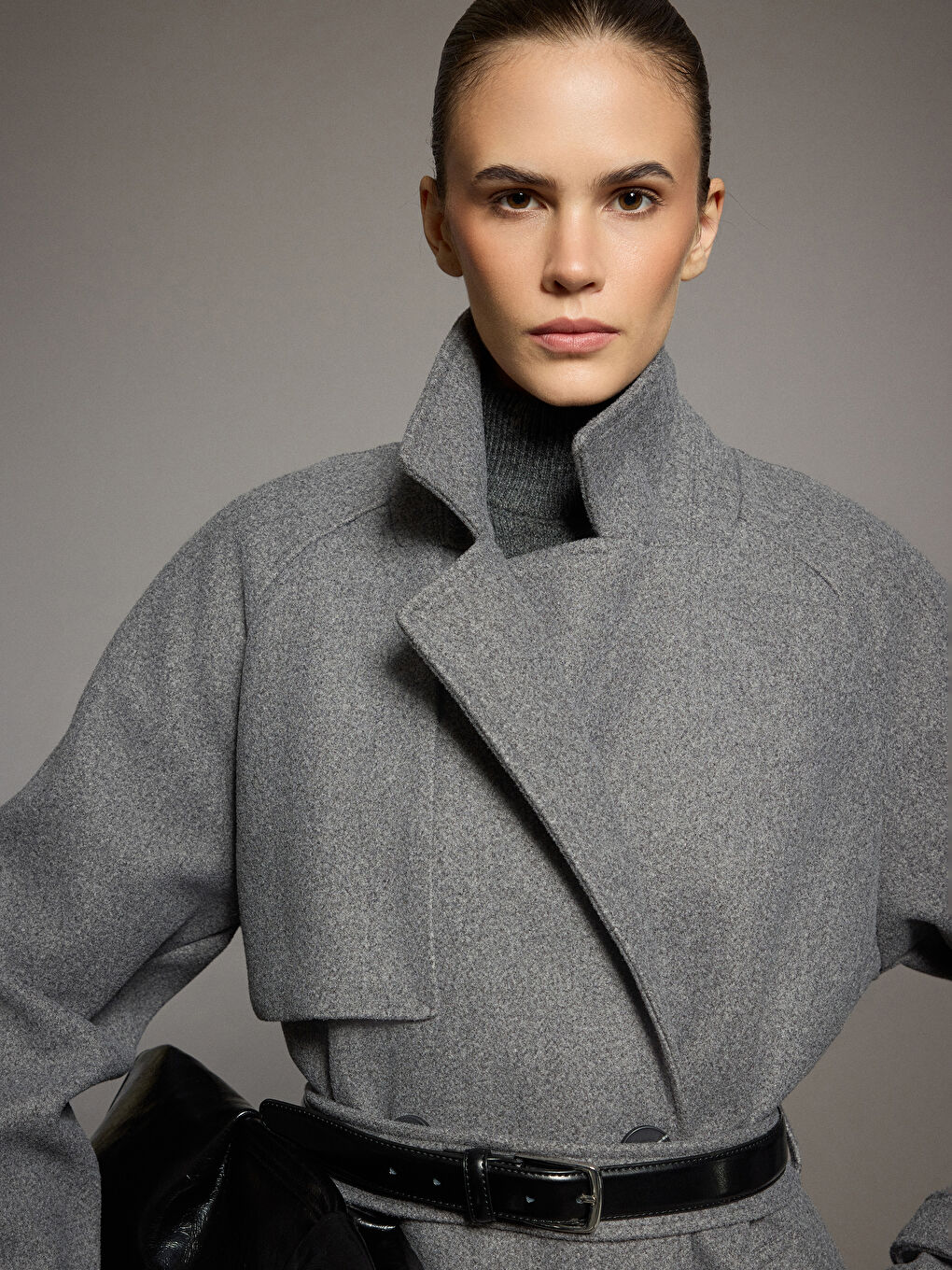 Gri Ceket Yaka Oversize Kadın Kaşe Kaban-3