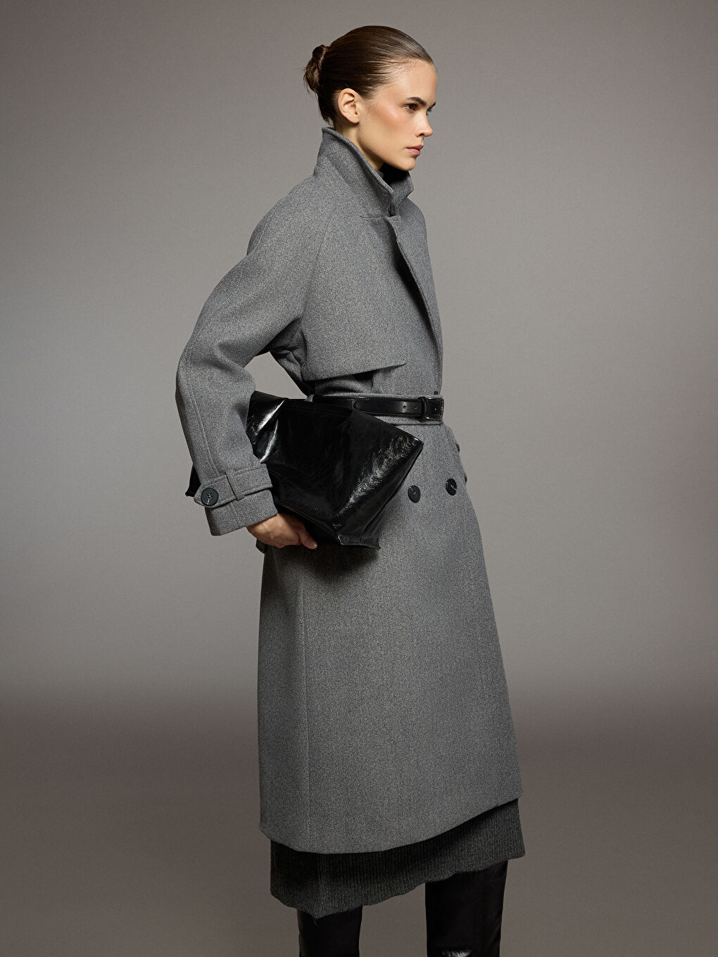 Gri Ceket Yaka Oversize Kadın Kaşe Kaban-4