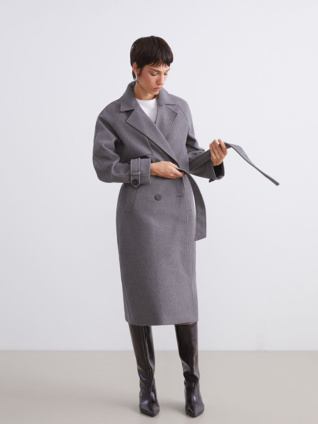 Gri Ceket Yaka Oversize Kadın Kaşe Kaban-5