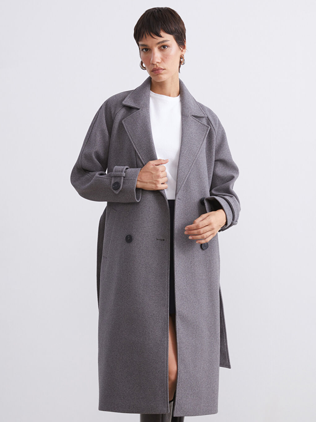 Gri Ceket Yaka Oversize Kadın Kaşe Kaban-6