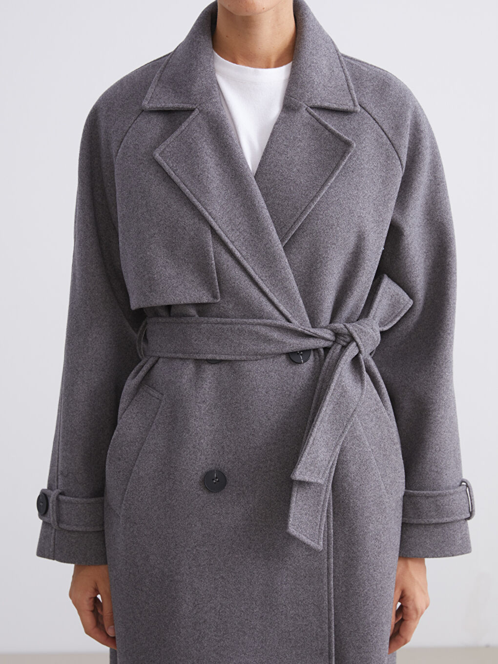 Gri Ceket Yaka Oversize Kadın Kaşe Kaban-7