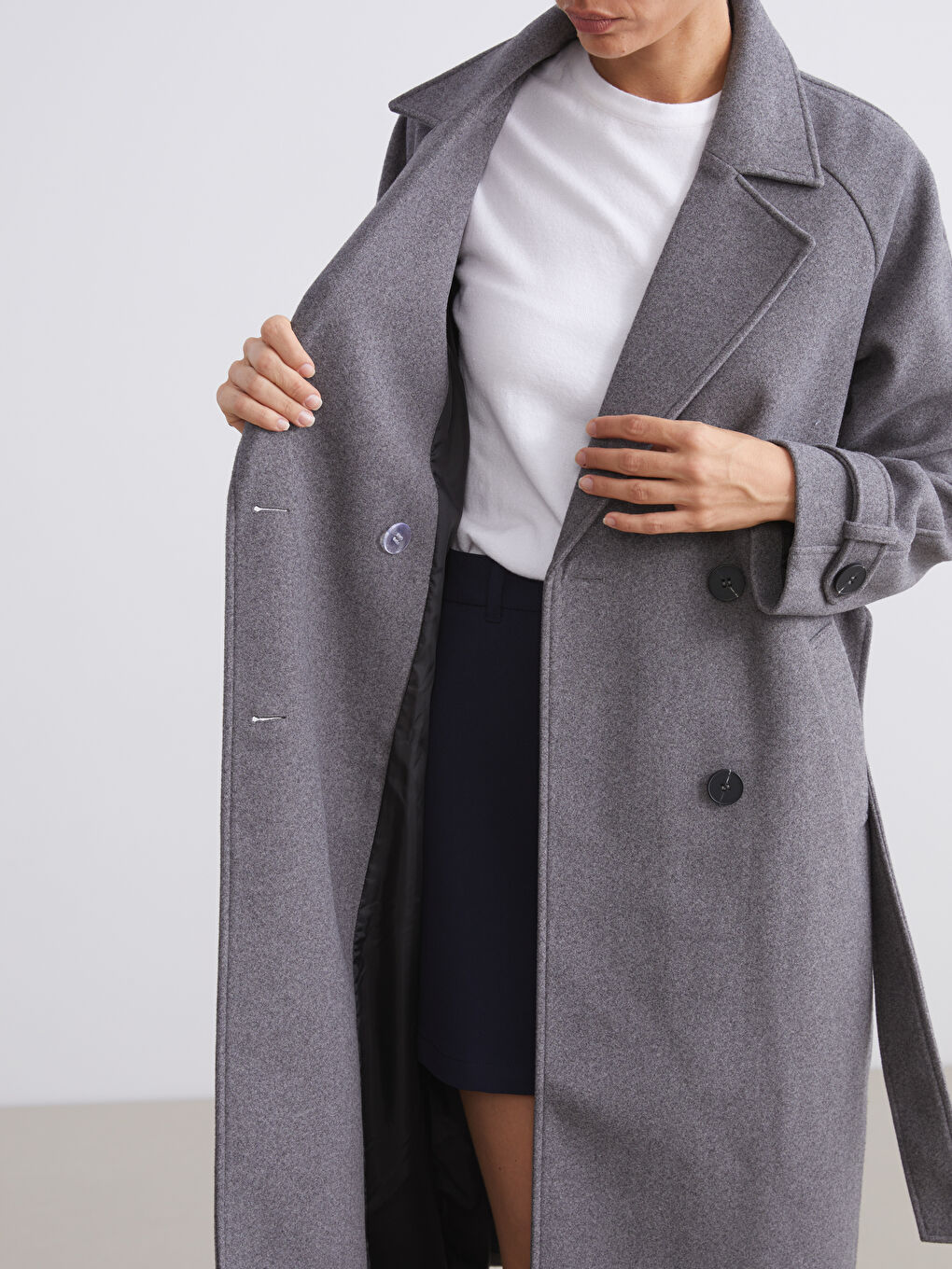 Gri Ceket Yaka Oversize Kadın Kaşe Kaban-8