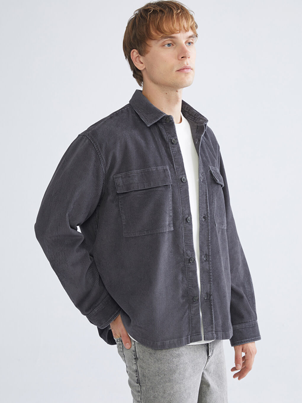 Antrasit Rahat Kalıp Uzun Kollu Kadife Erkek Gömlek Ceket