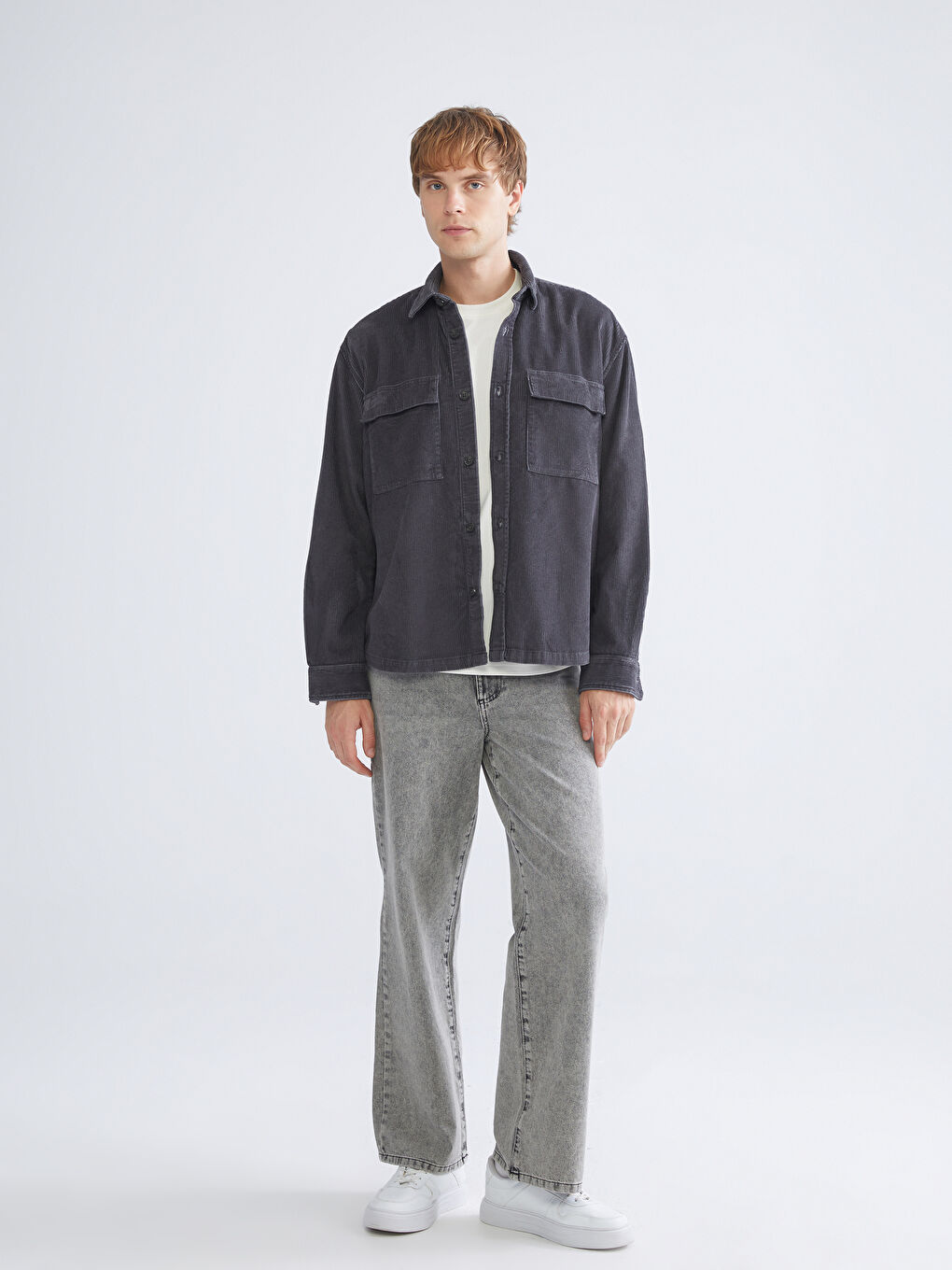 Antrasit Rahat Kalıp Uzun Kollu Kadife Erkek Gömlek Ceket-3