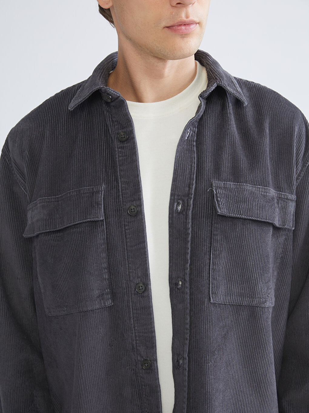 Antrasit Rahat Kalıp Uzun Kollu Kadife Erkek Gömlek Ceket-5