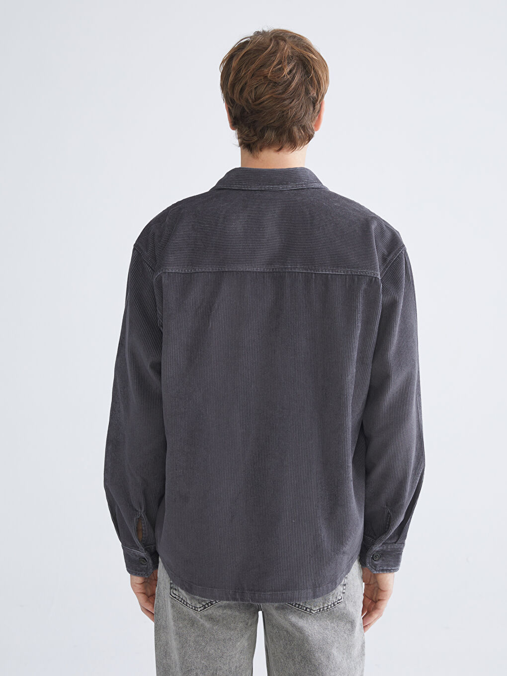 Antrasit Rahat Kalıp Uzun Kollu Kadife Erkek Gömlek Ceket-7