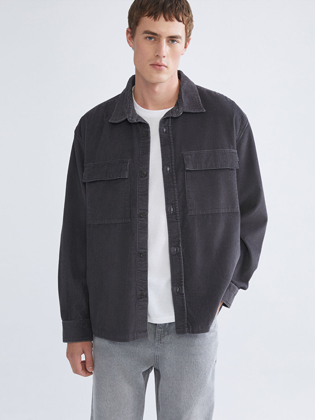 Antrasit Rahat Kalıp Uzun Kollu Kadife Erkek Gömlek Ceket-1