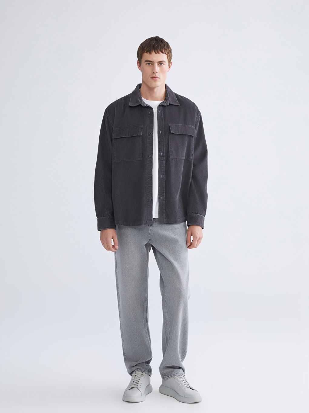 Antrasit Rahat Kalıp Uzun Kollu Kadife Erkek Gömlek Ceket-2