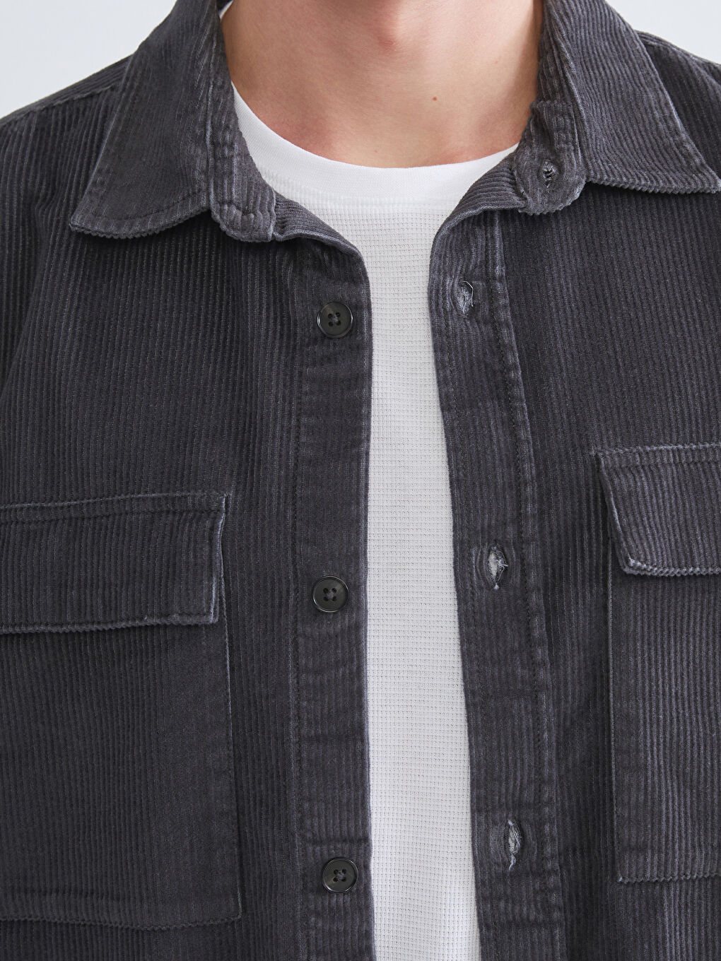 Antrasit Rahat Kalıp Uzun Kollu Kadife Erkek Gömlek Ceket-4