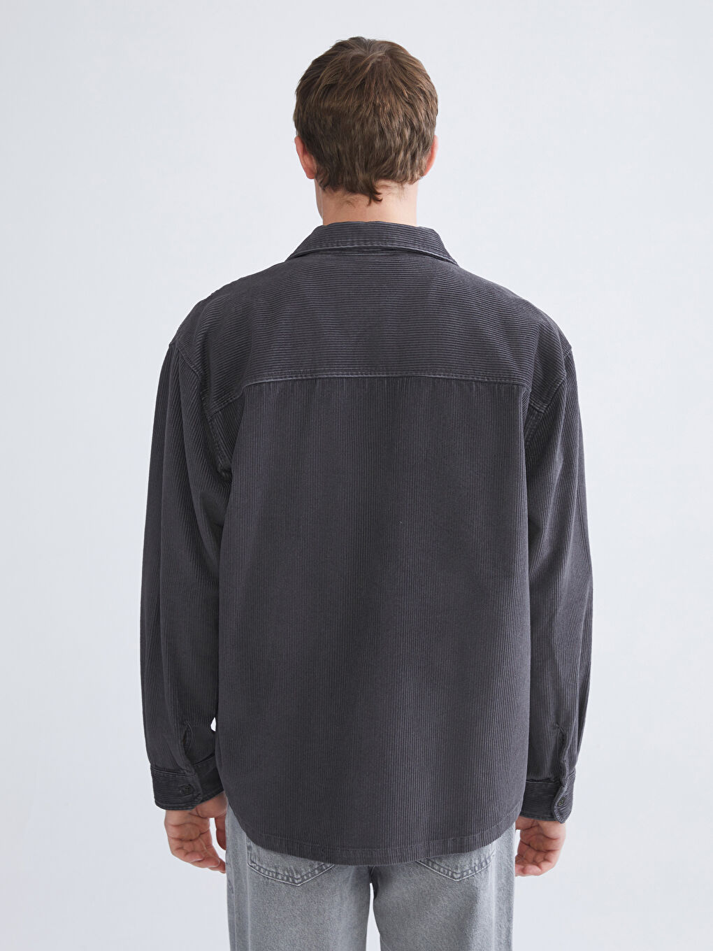 Antrasit Rahat Kalıp Uzun Kollu Kadife Erkek Gömlek Ceket-6