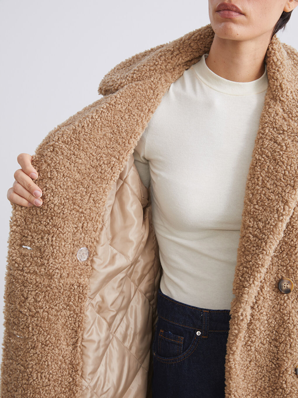 Jacket NeckPlain Long-Sleeve Women's Teddy Coat-3