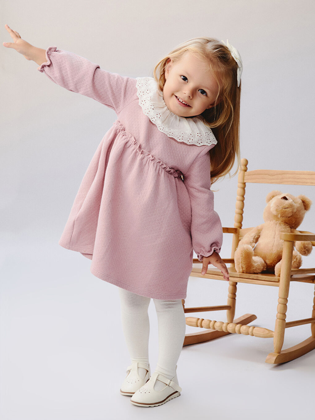 Pembe Bebe Yaka Kız Bebek Elbise ve Külotlu Çorap