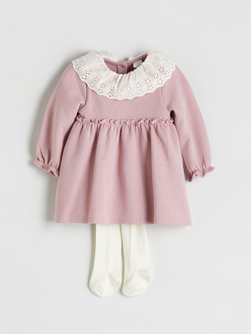 Pembe Bebe Yaka Kız Bebek Elbise ve Külotlu Çorap-1