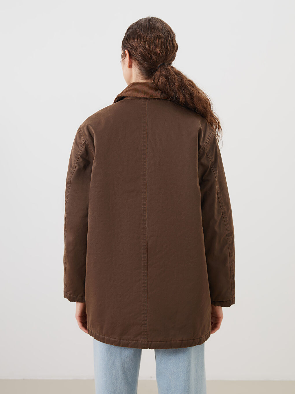 Kahverengi Kadife Yaka Kadın Mont-4