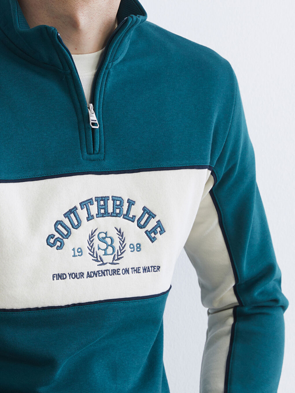 Petrol Dik Yaka Baskılı Erkek Sweatshirt-2