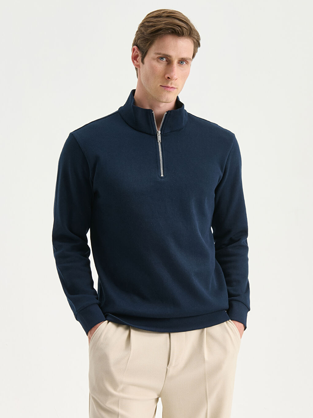 Zippered Funnel Neck Long Sleeve Men's Sweatshirt