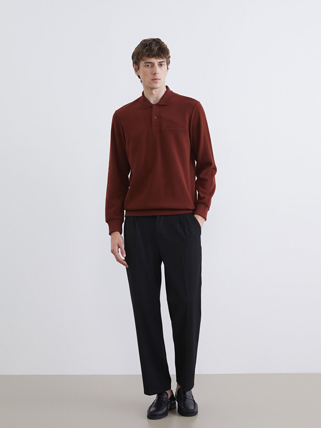 Kahverengi Polo Yaka Erkek Sweatshirt-1