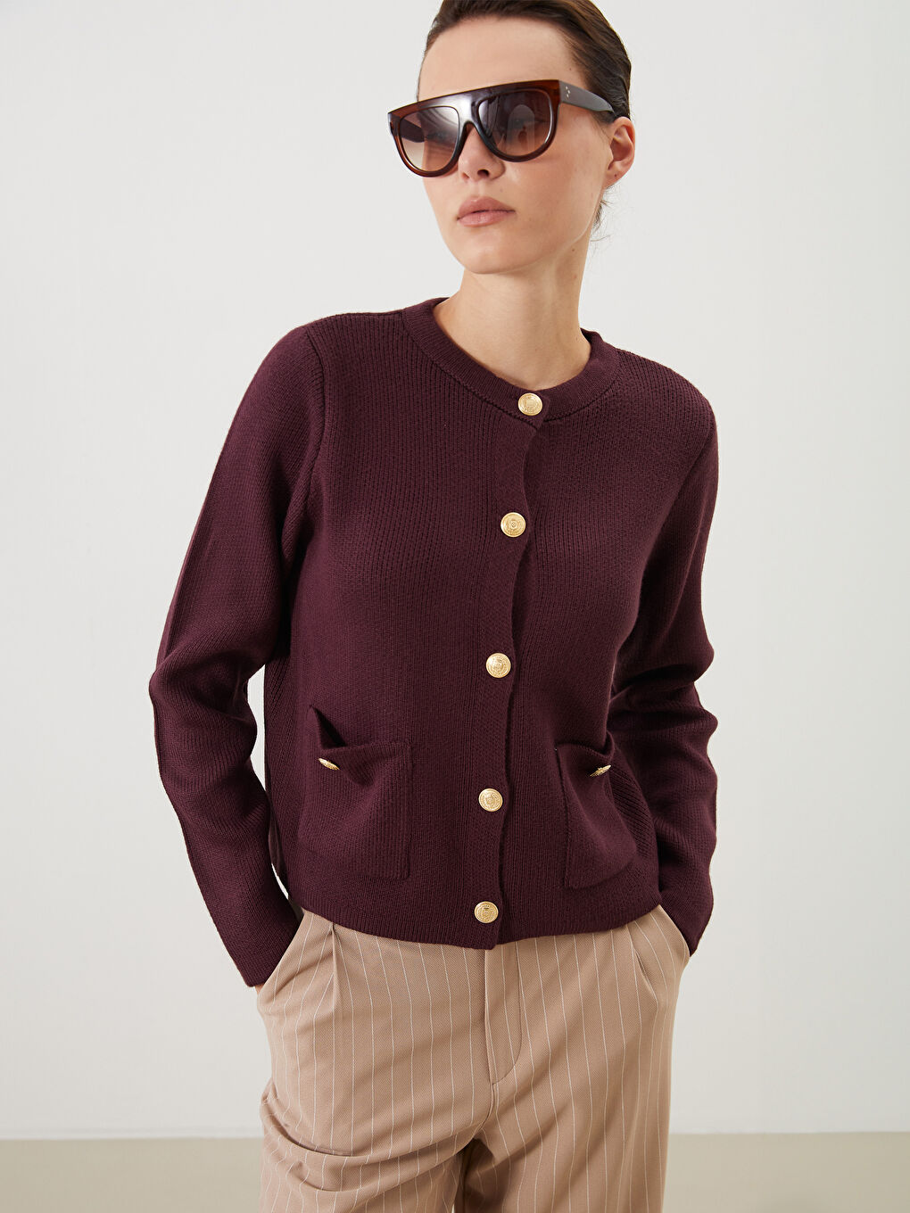 Mürdüm Bisiklet Yaka Kadın Triko Hırka-3