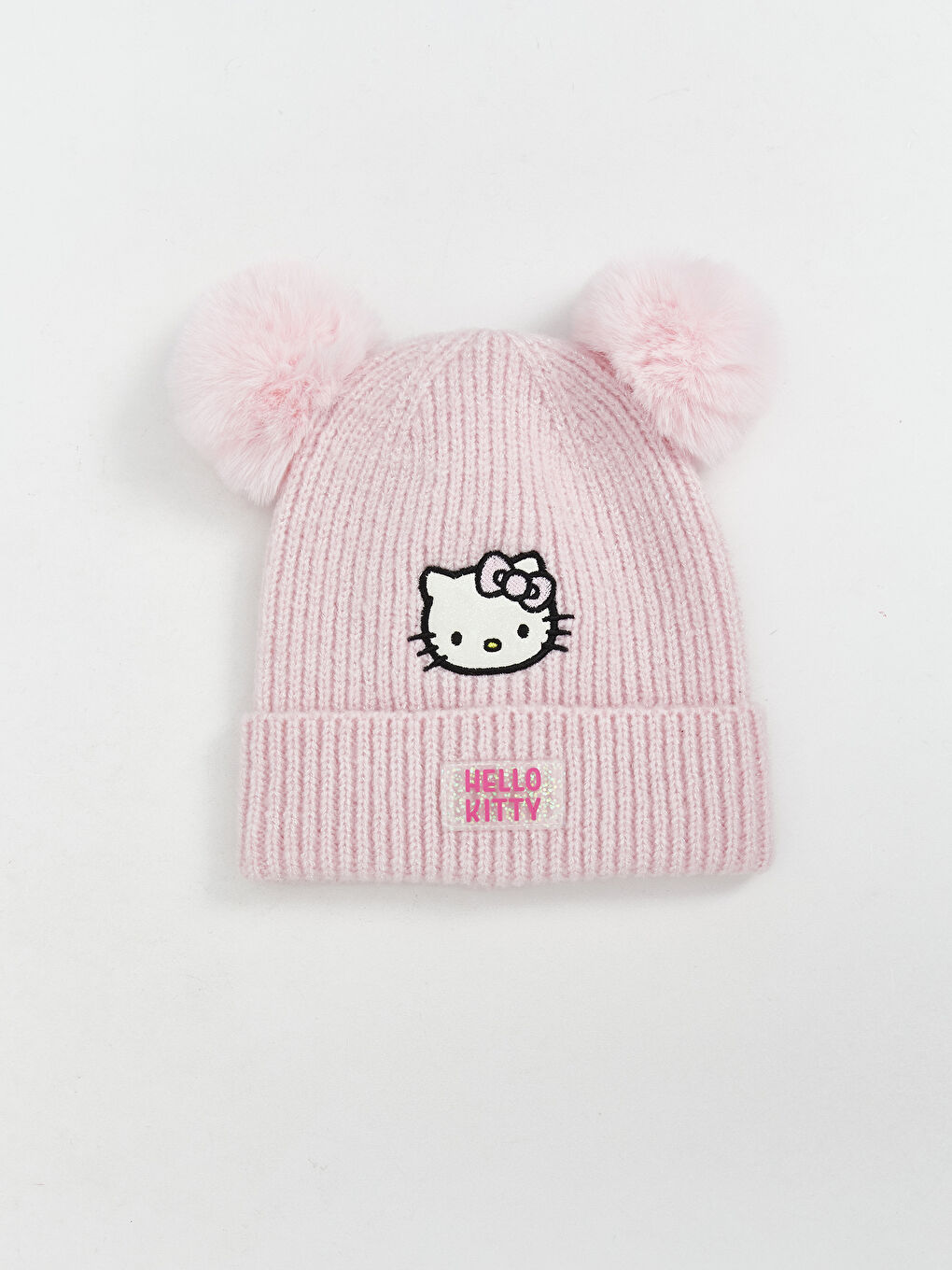 Момичешко боне с бродерия Hello Kitty и помпон от плетиво