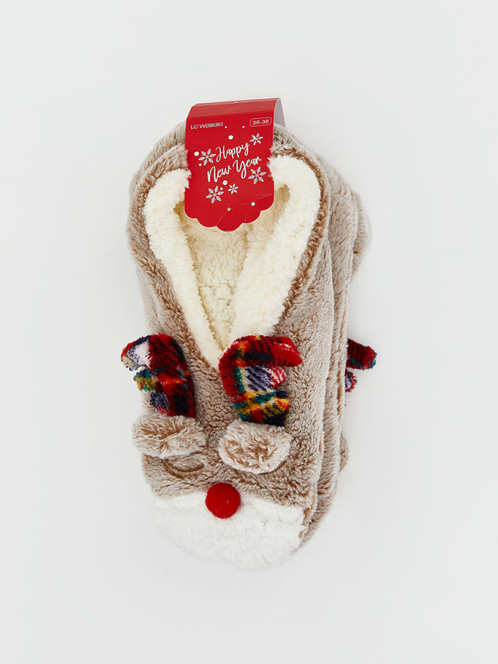 Bej Yılbaşı Temalı Kaydırmaz Taban Kadın Ev Çorabı-2