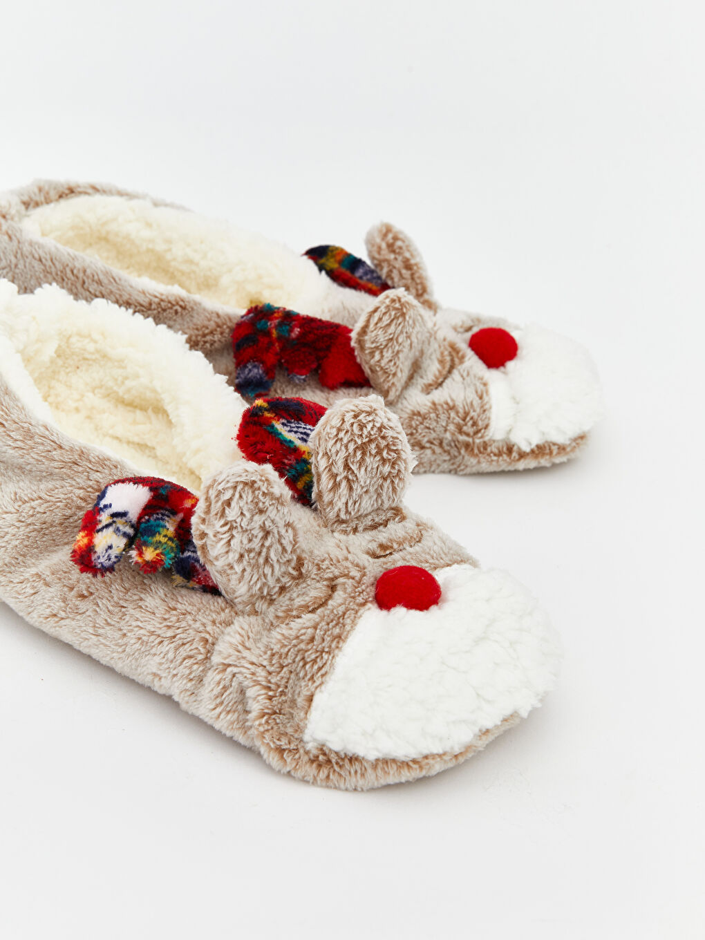 Bej Yılbaşı Temalı Kaydırmaz Taban Kadın Ev Çorabı-4