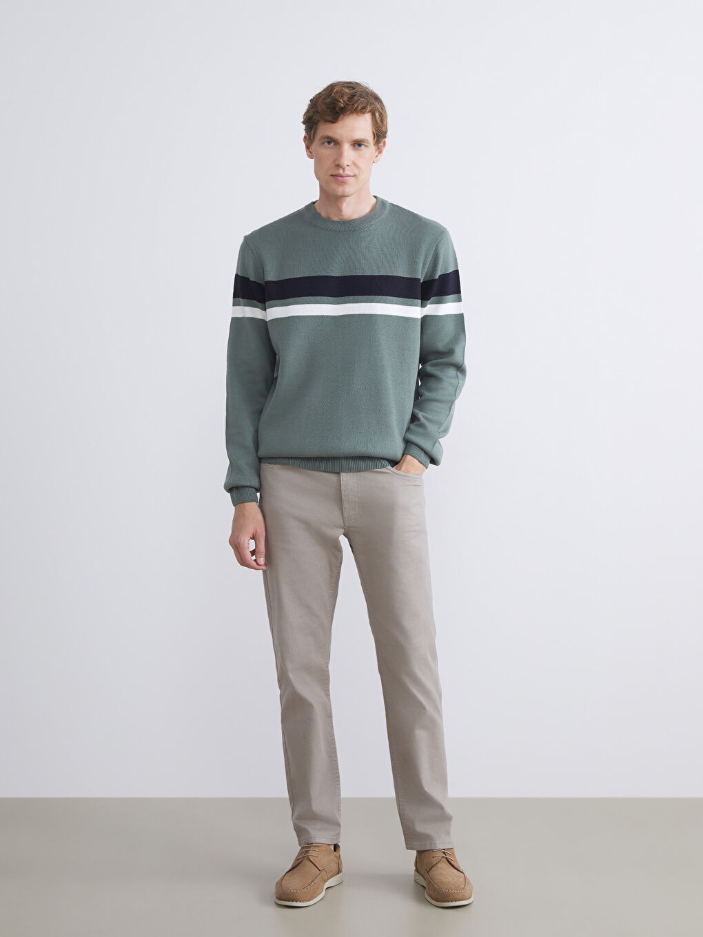 Yeşil Bisiklet Yaka Uzun Kollu Çizgili Erkek Triko Kazak-1