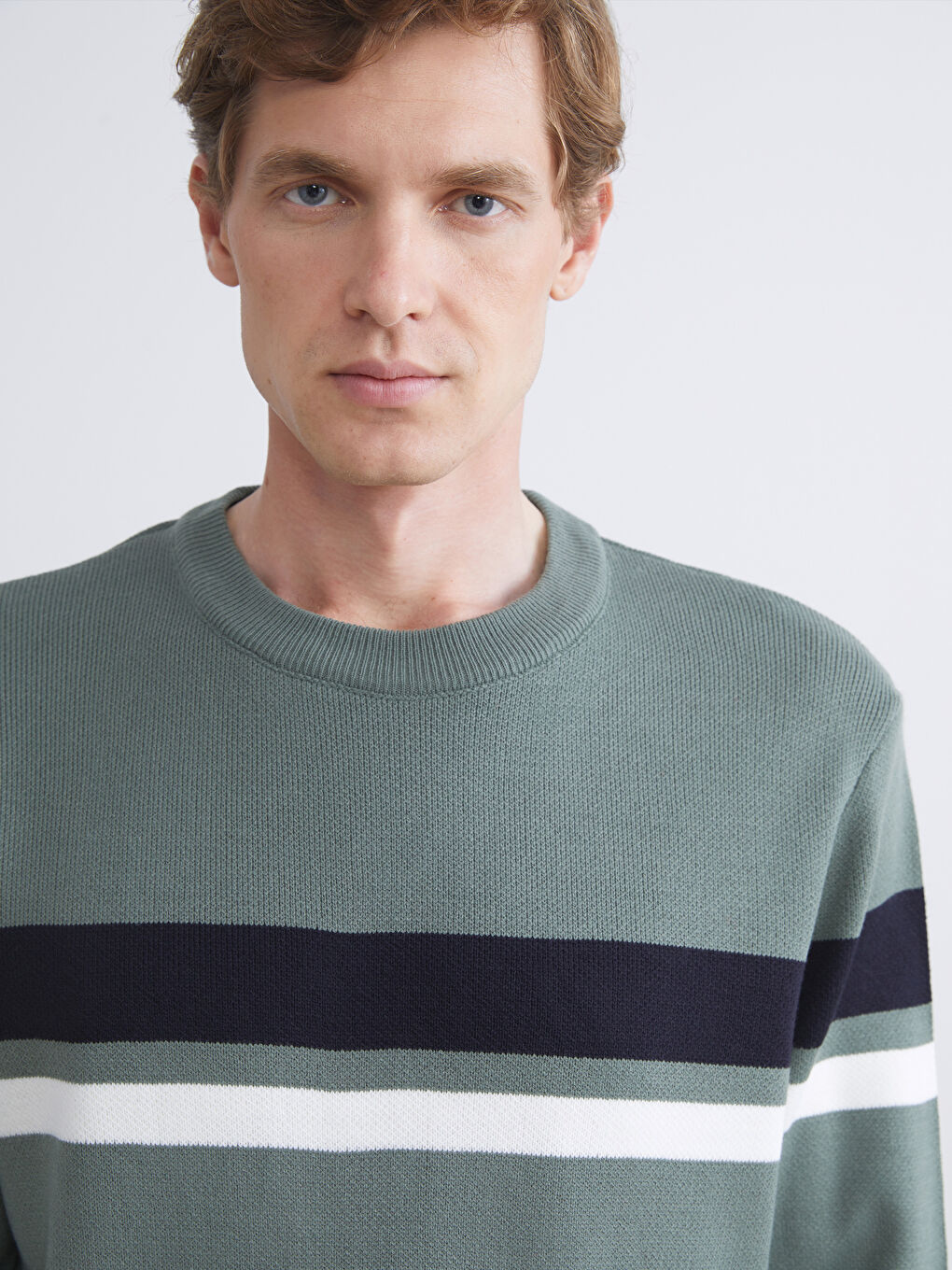 Yeşil Bisiklet Yaka Uzun Kollu Çizgili Erkek Triko Kazak-2