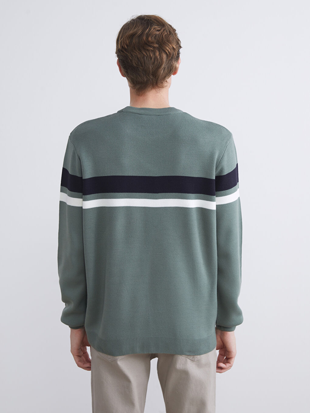 Yeşil Bisiklet Yaka Uzun Kollu Çizgili Erkek Triko Kazak-3