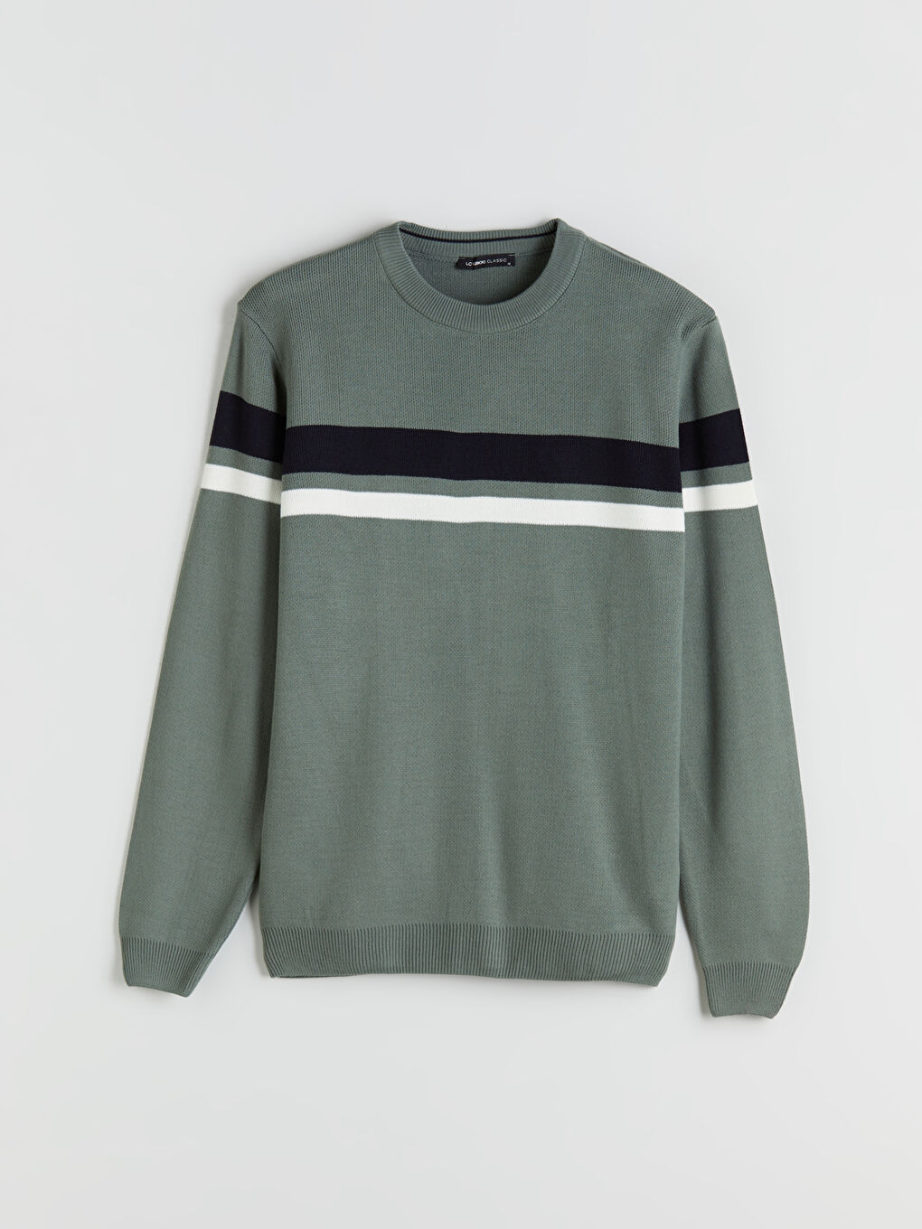 Yeşil Bisiklet Yaka Uzun Kollu Çizgili Erkek Triko Kazak-4