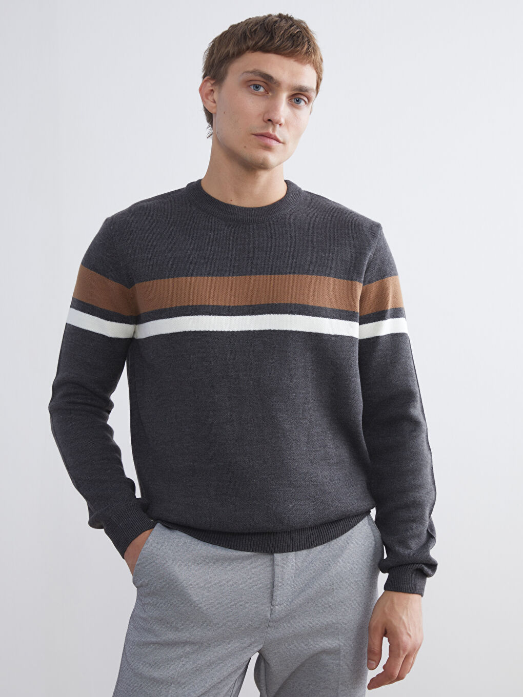 Antrasit Bisiklet Yaka Uzun Kollu Çizgili Erkek Triko Kazak-1