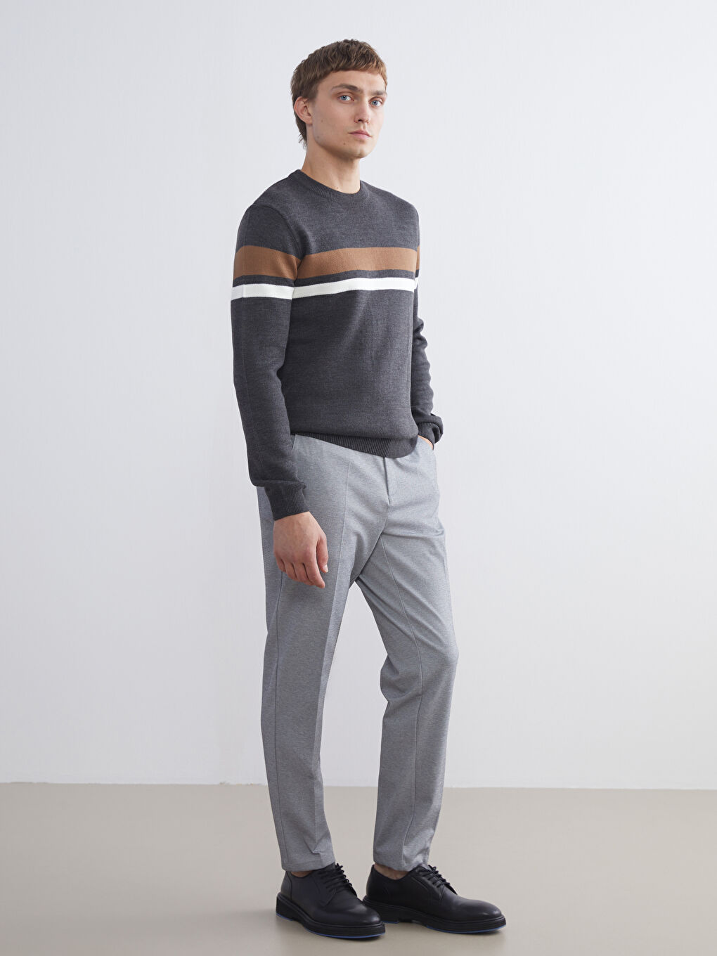 Antrasit Bisiklet Yaka Uzun Kollu Çizgili Erkek Triko Kazak-2