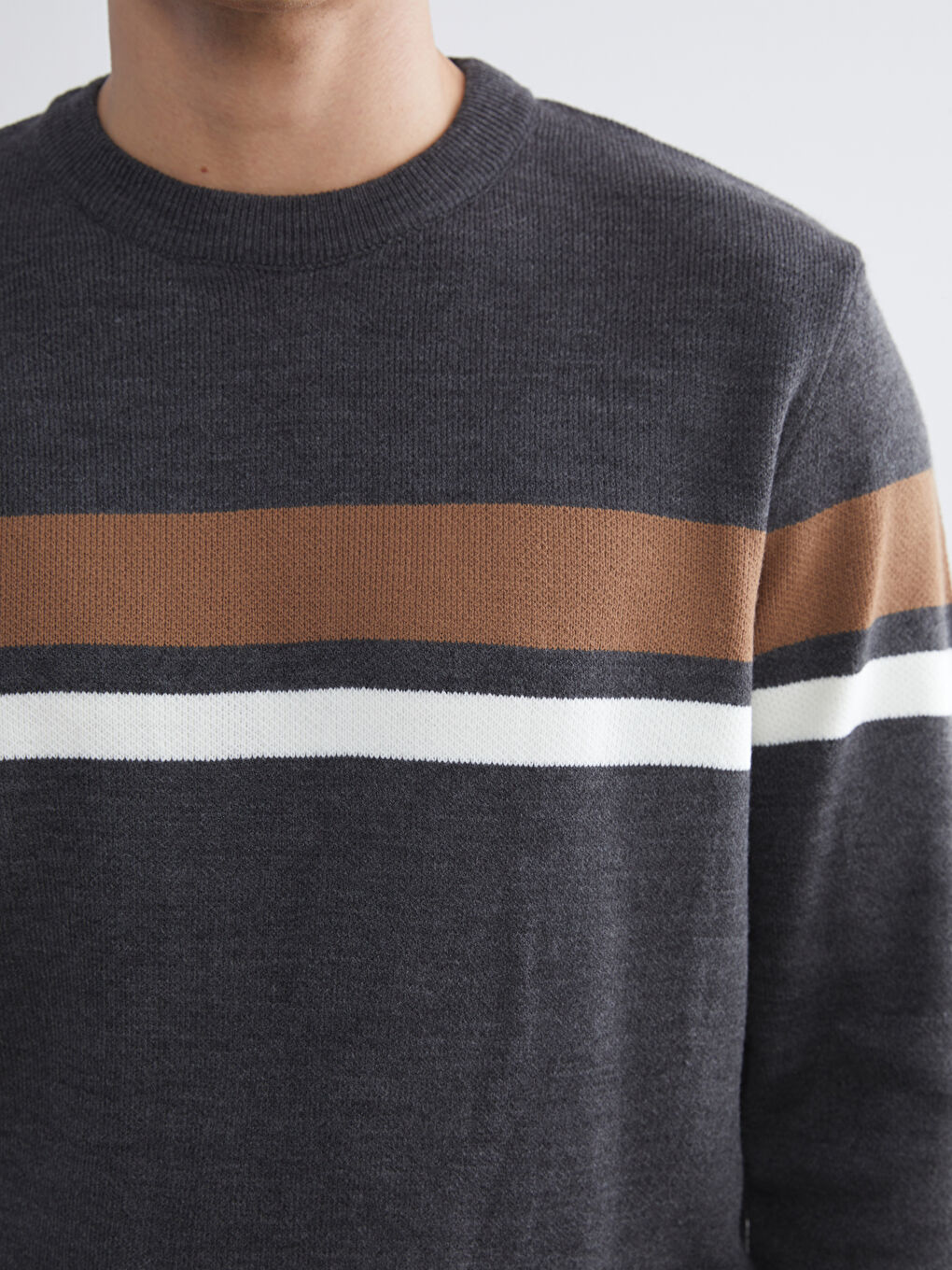 Antrasit Bisiklet Yaka Uzun Kollu Çizgili Erkek Triko Kazak-4