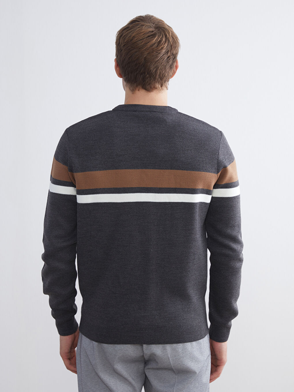 Antrasit Bisiklet Yaka Uzun Kollu Çizgili Erkek Triko Kazak-6