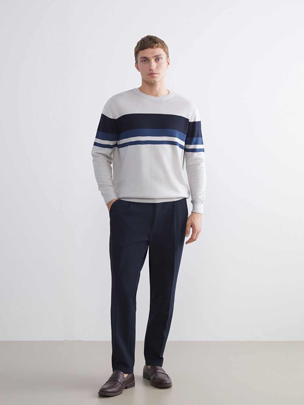 Bej Bisiklet Yaka Çizgili Erkek Triko Kazak-1