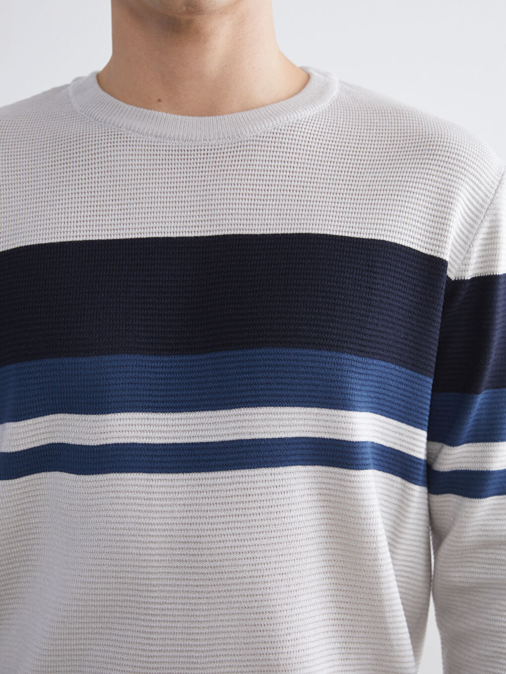 Bej Bisiklet Yaka Çizgili Erkek Triko Kazak-2