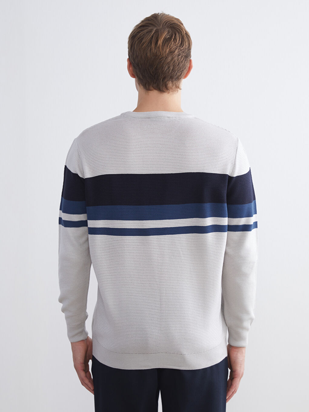 Bej Bisiklet Yaka Çizgili Erkek Triko Kazak-3