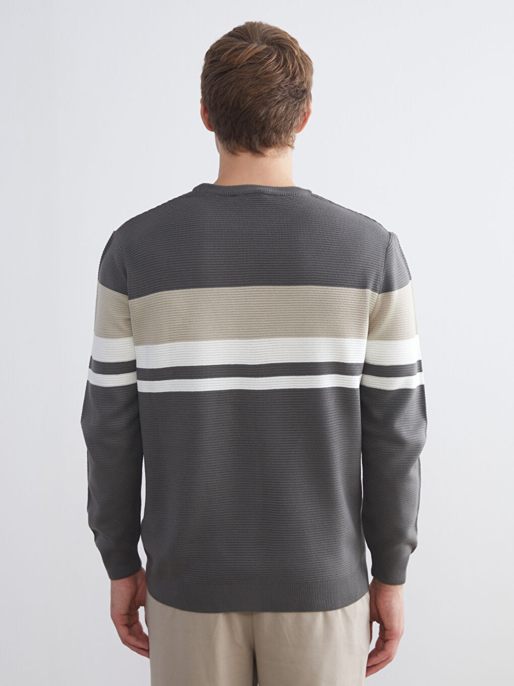 Haki Bisiklet Yaka Çizgili Erkek Triko Kazak-3