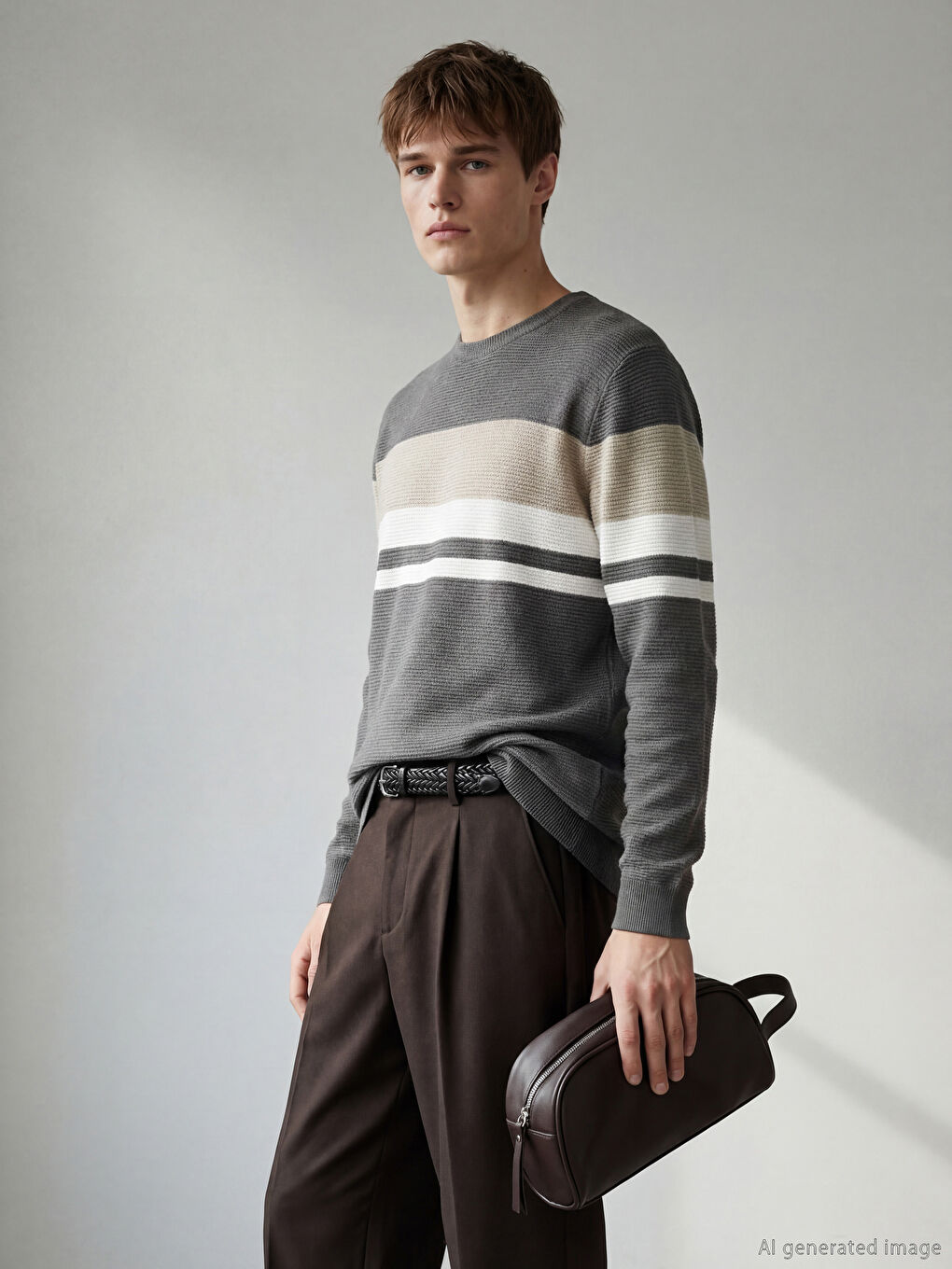 Полосатый трикотажный свитер с круглым вырезом