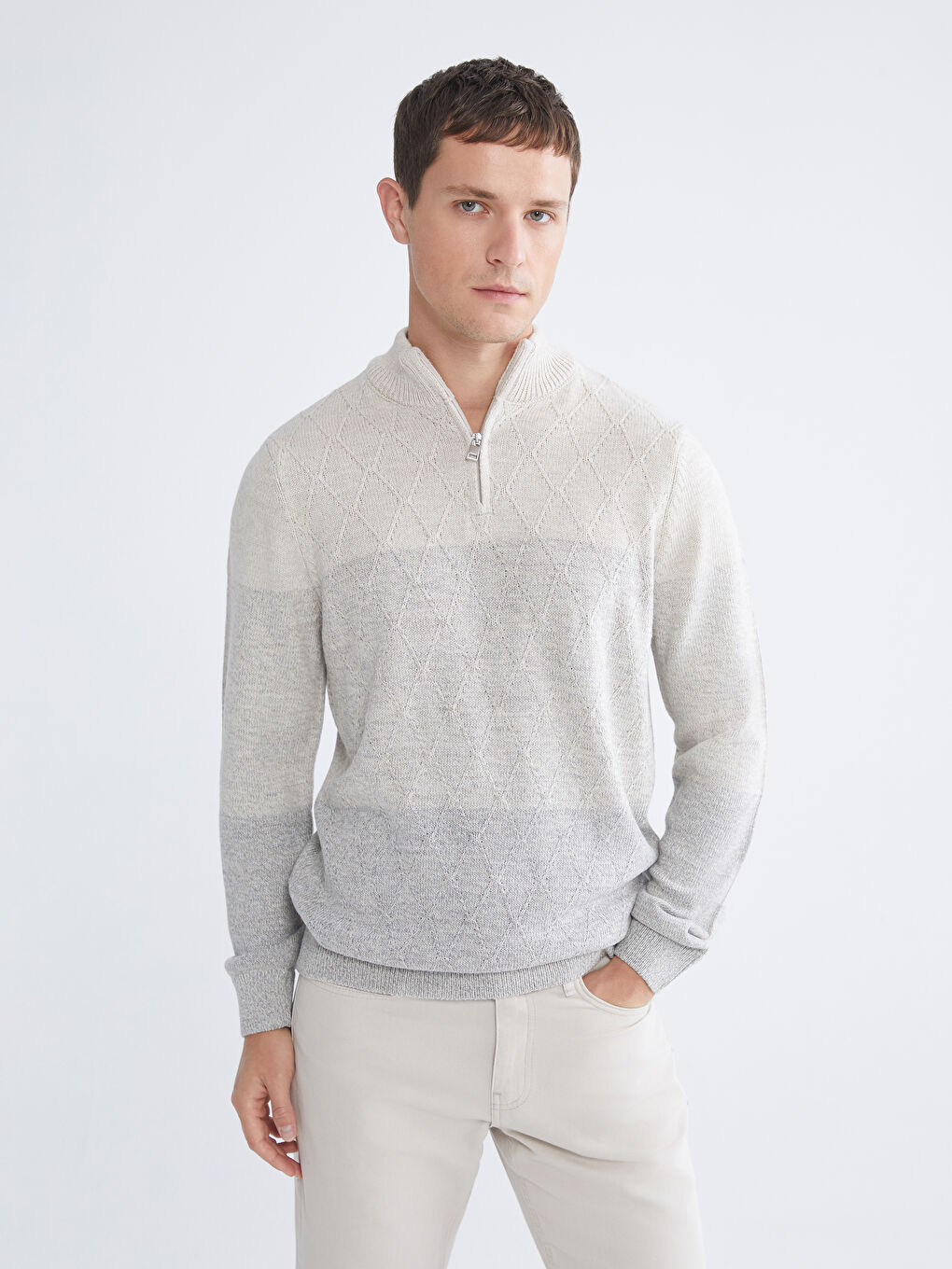 Gri Dik Yaka Uzun Kollu Erkek Triko Kazak-1