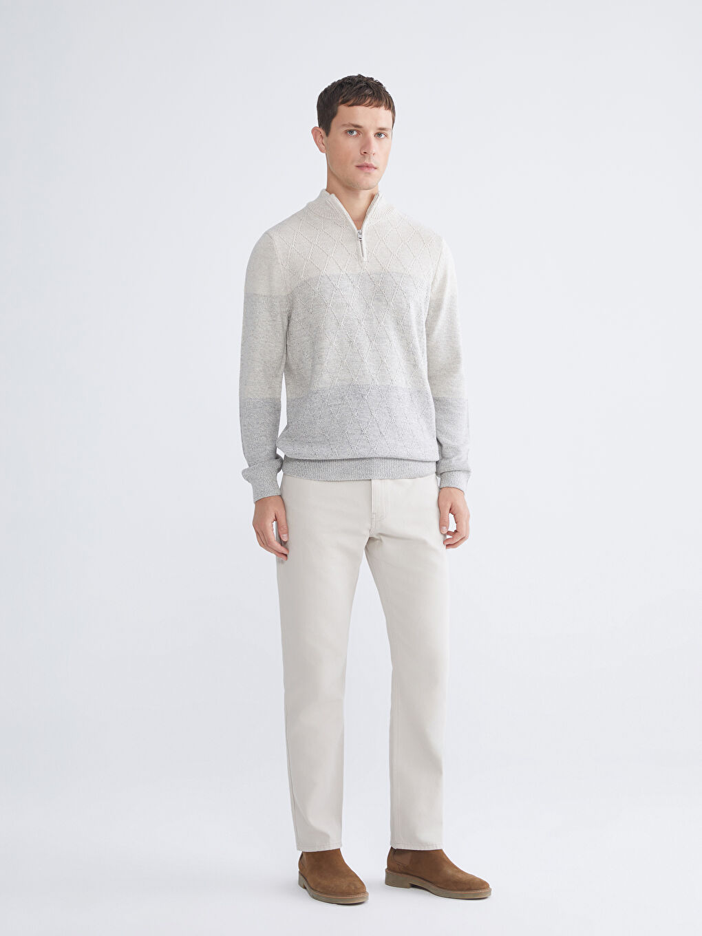 Gri Dik Yaka Uzun Kollu Erkek Triko Kazak-2