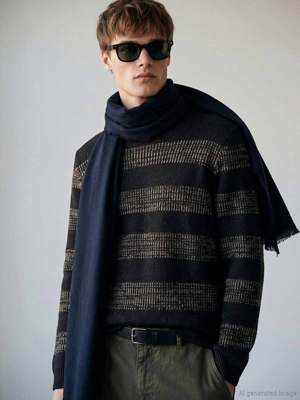 Haki Bisiklet Yaka Çizgili Erkek Triko Kazak