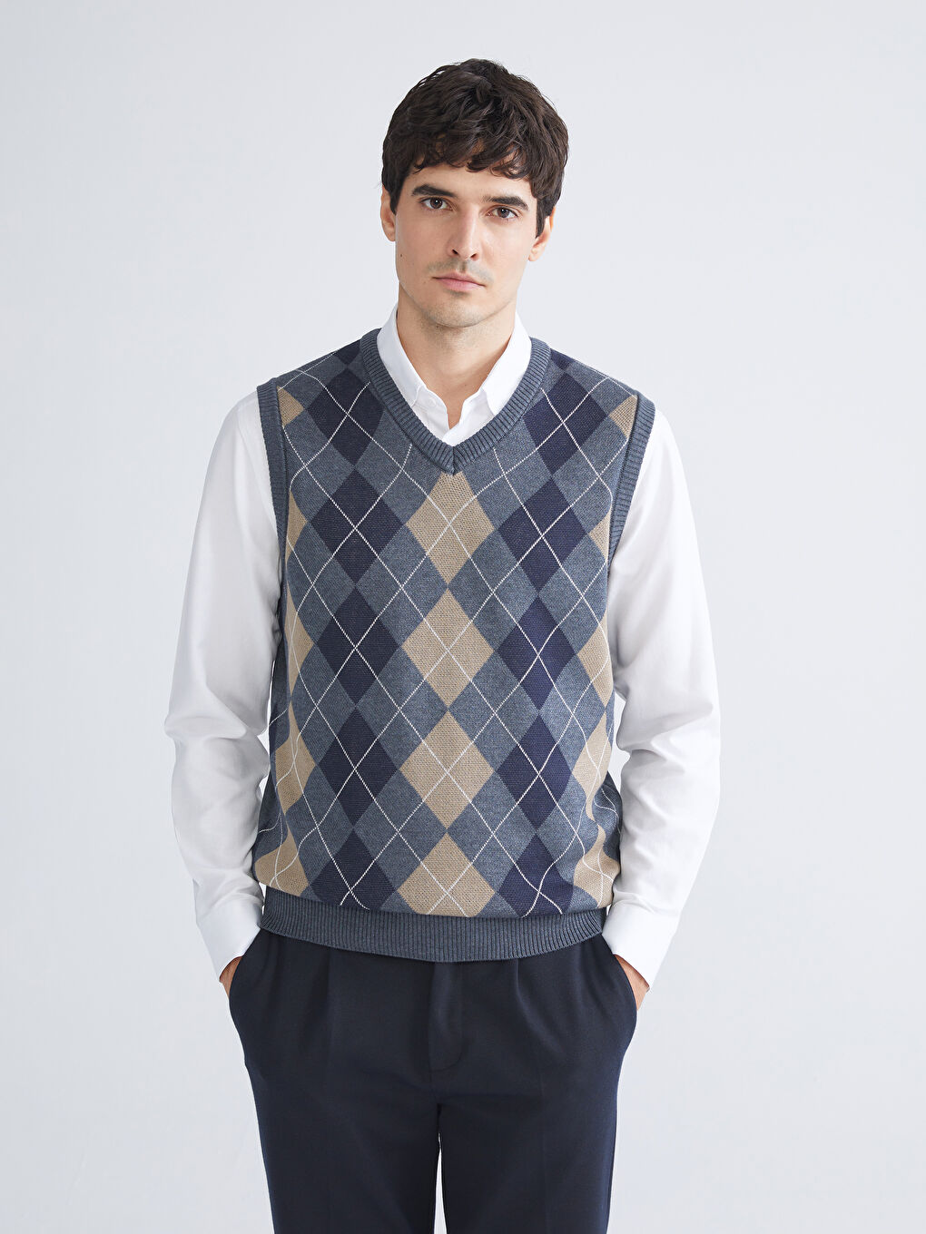 İndigo Standart Kalıp V Yaka Erkek Triko Süveter