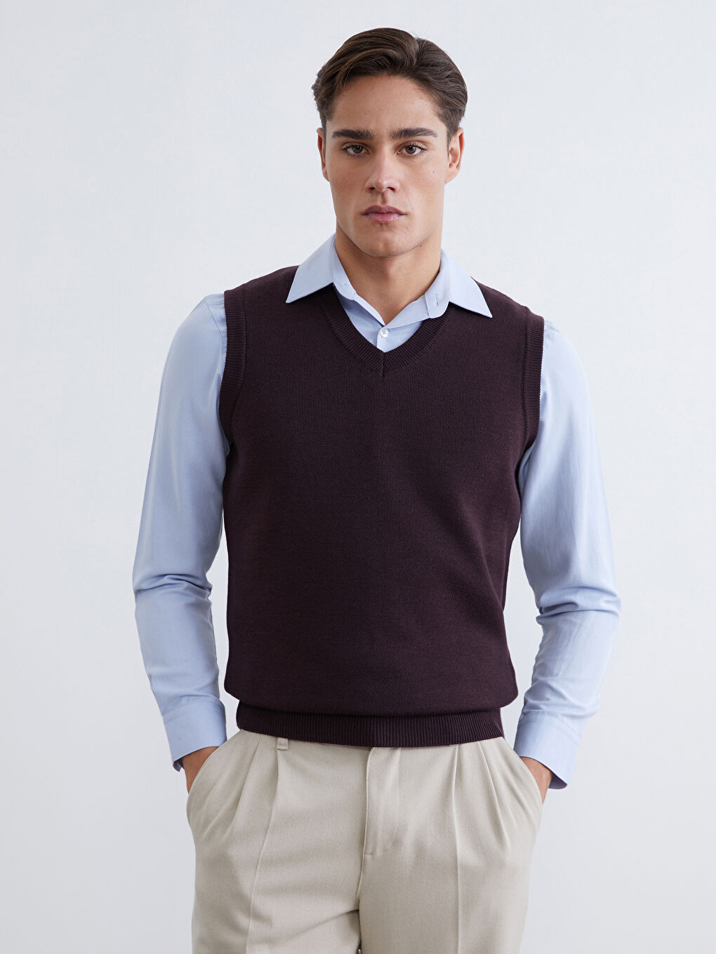 Bordo Standart Kalıp V Yaka Erkek Triko Süveter