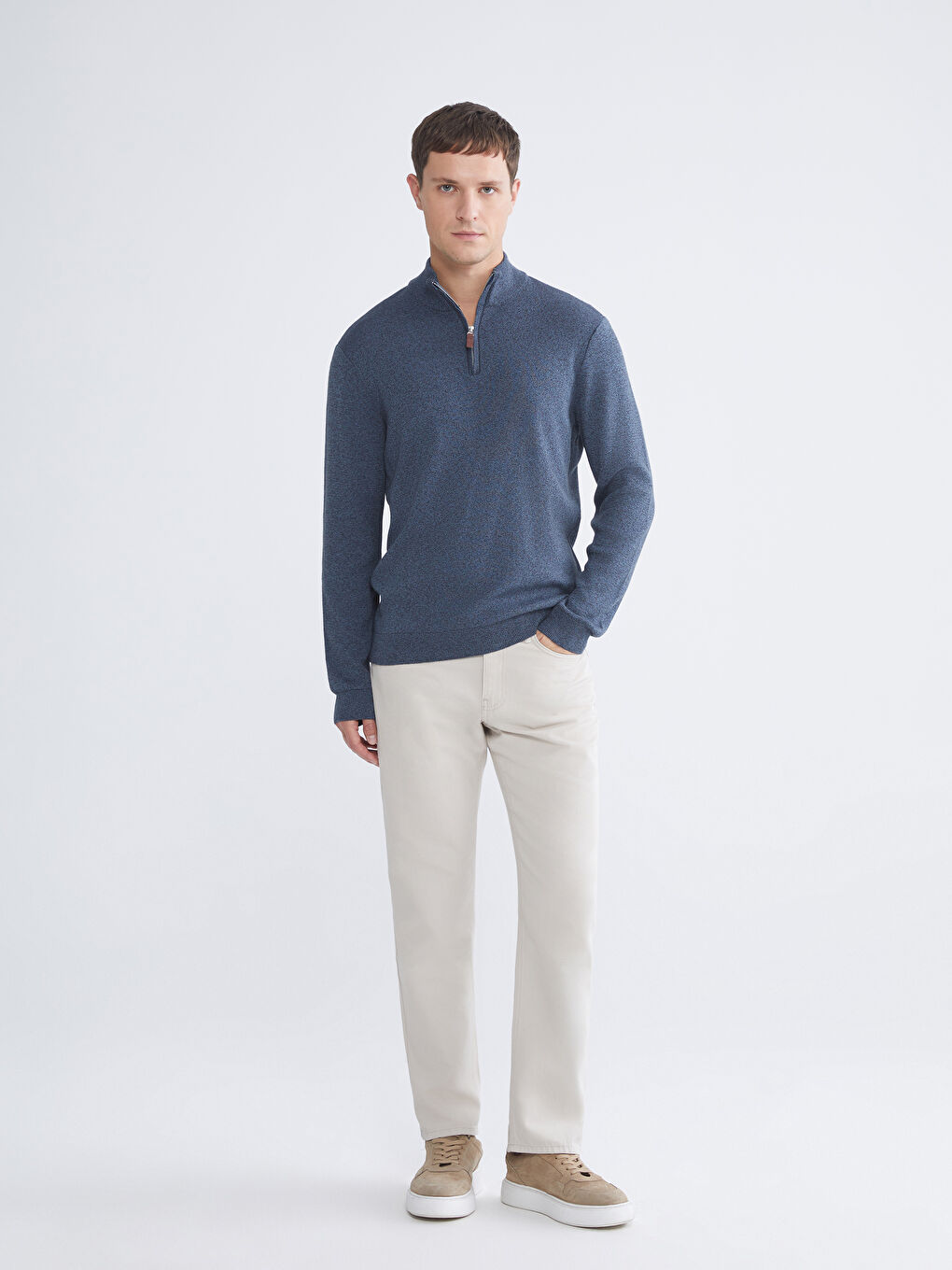 Petrol Dik Yaka Erkek Triko Kazak-1